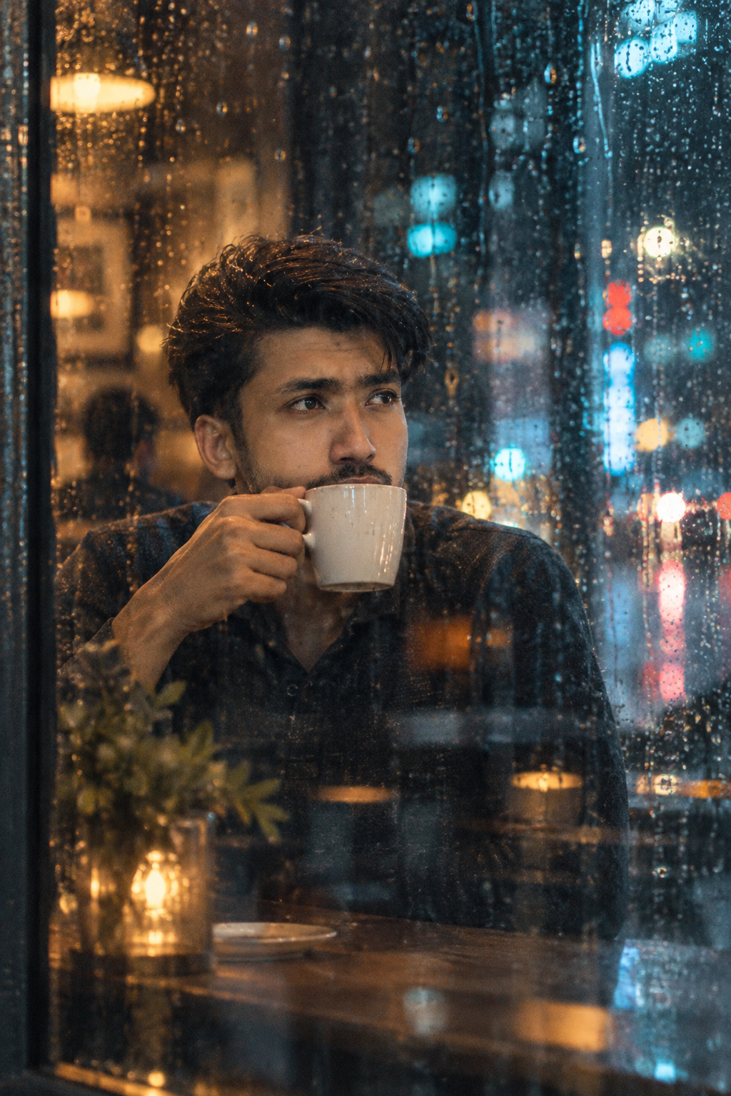 Rainy Night Café 🌧️☕ | Cinematic Moody Portrait