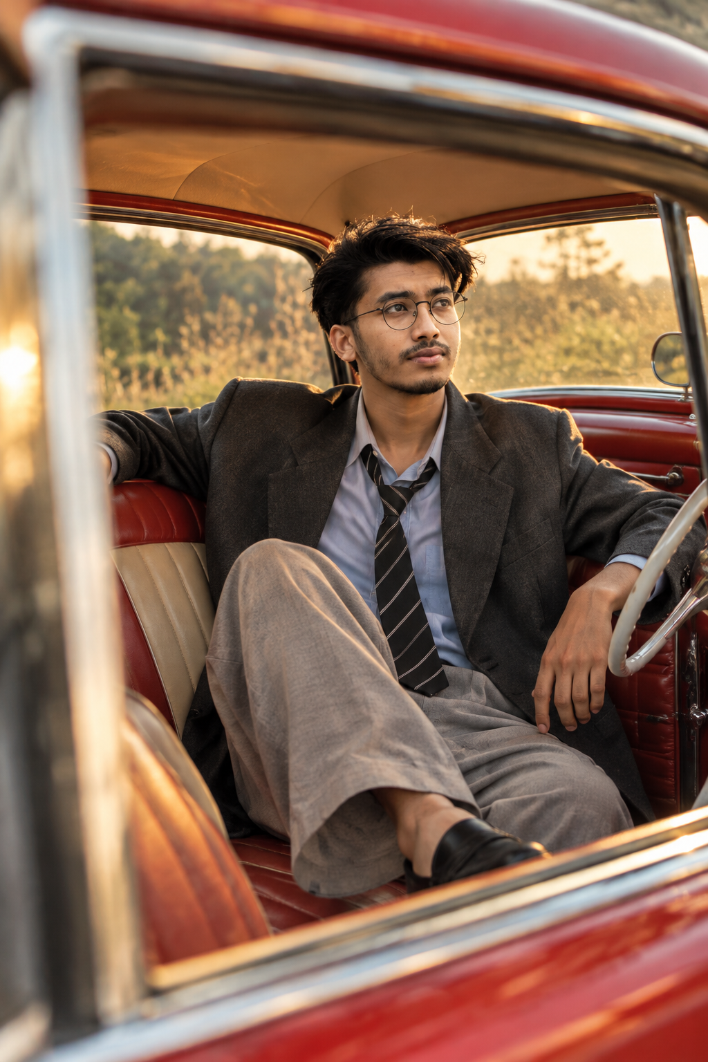 Vintage Red Car 🚘 | Golden Hour Cinematic Men’s Fashion